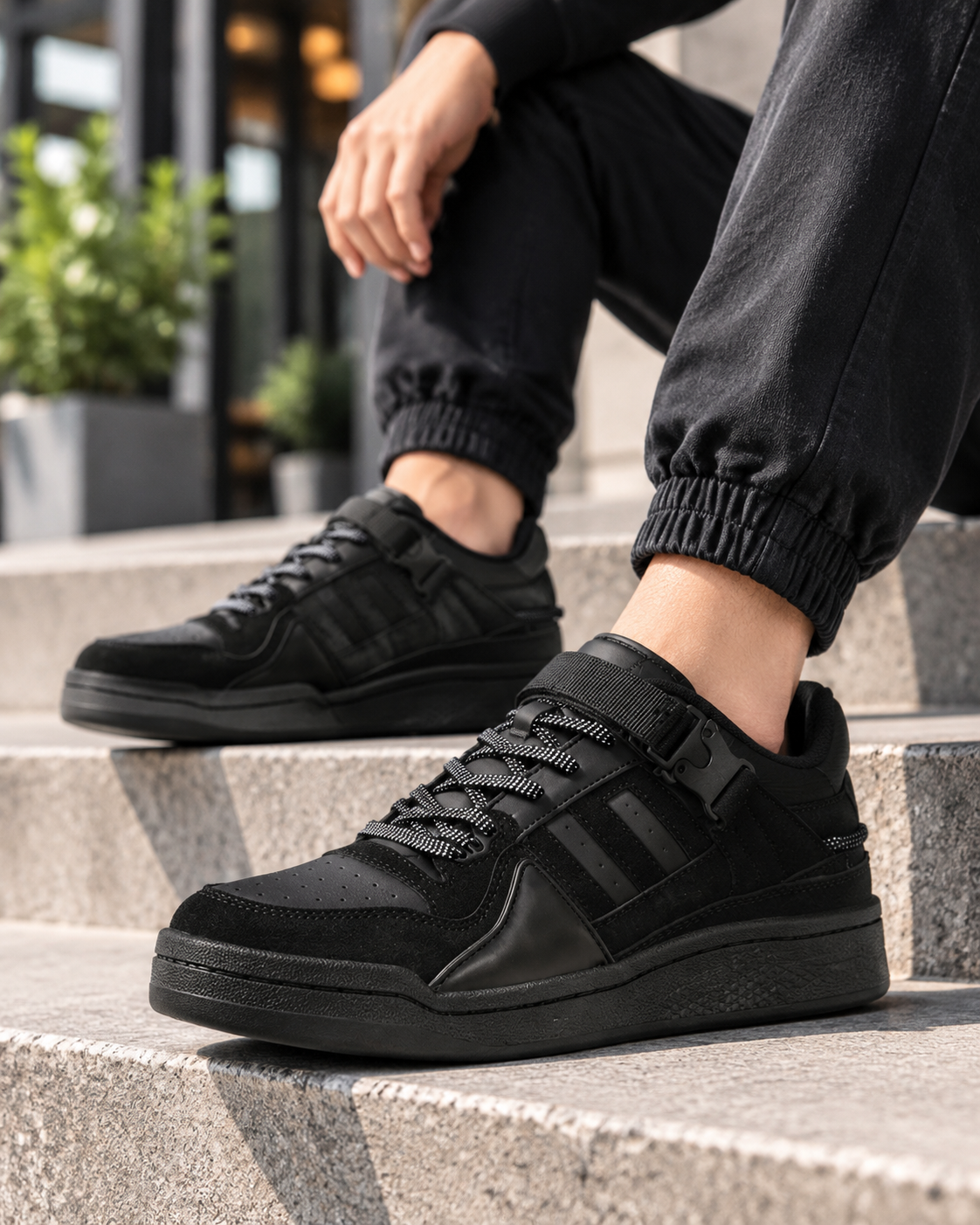Hombre usando zapatillas urbanas COKASE 743NE negras con cordones bicolor y correa superior en escalera urbana