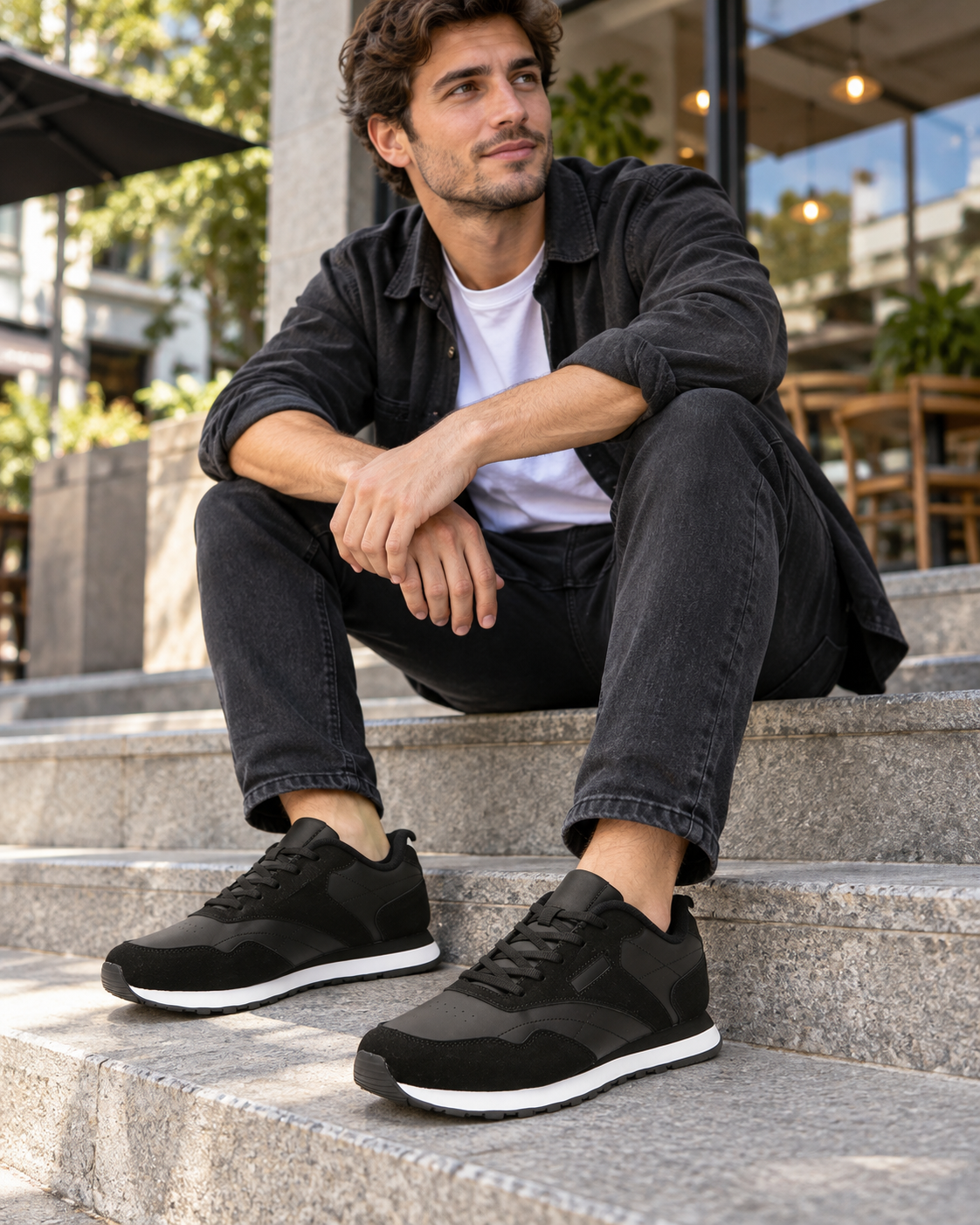 Hombre usando zapatillas COKASE 749NE negras con entresuela blanca en escalera urbana
